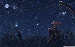 粉紅髮動漫女孩在星空夜野中持鐮刀