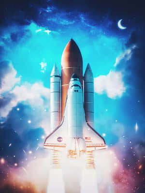 美國太空總署亞特蘭蒂斯號穿梭機發射到佈滿星星的藍色天空，伴隨著新月。 — 火箭 GIF 壁紙