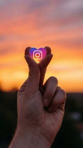 手做心形握著發光Instagram標誌在日落時分。