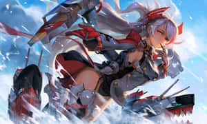 動漫女孩穿著紅灰色盔甲，騎著戰艦穿越暴風雨的天空。