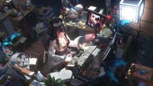 穿著和服的動漫女孩在凌亂的遊戲書桌前，舒適的夜晚房間。 — 動漫女孩 壁紙