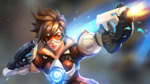 女性遊戲英雄發射未來武器，帶有發光效果。 — 鬥陣特攻 GIF 壁紙