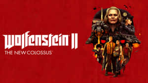 Wolfenstein II 遊戲封面，角色和機械人，紅色背景