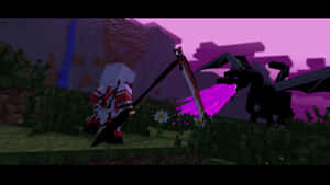 玩家喺Minecraft入面同噴紫色火嘅龍喺黃昏戰鬥。