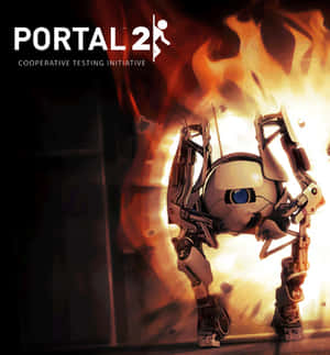 機械人站在Portal 2遊戲藝術中的火焰前。 — Honor Magic V 壁紙