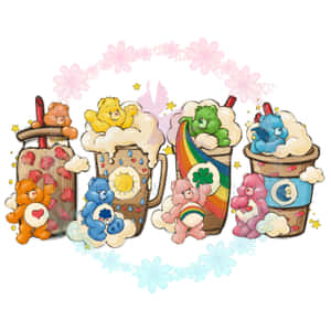 Care Bears在奶昔杯中，帶有心形和彩虹裝飾。 — iPad (A16) 壁紙