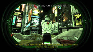 捉鬼敢死隊取景器顯示夜晚雪景城市中的 Stay Puft 棉花糖人。