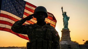 士兵在夕陽下於美國國旗和自由女神像前敬禮。