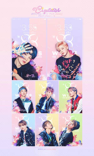 BTS 成員身穿粉紅色系服裝，背景柔美女性化