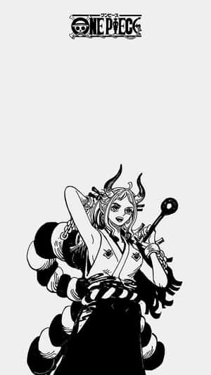 來自《海賊王》的動漫角色，黑白風格，有角和法杖。