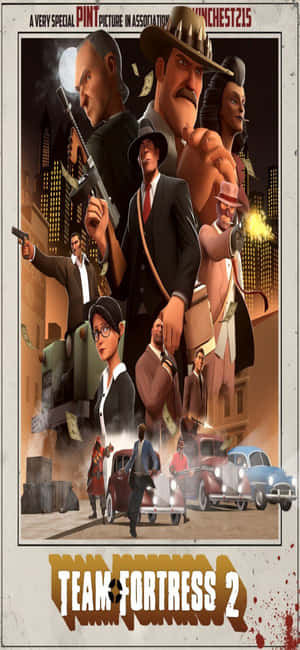 《Team Fortress 2》角色在混亂的城市場景中，伴隨復古汽車和槍戰。