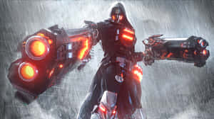 未來戰士手持發光武器站在大雨中。