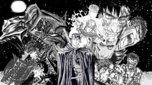 一個漫畫戰士在星空夜空下被怪物般的敵人包圍，傲然站立。 — 暴力傳奇 壁紙