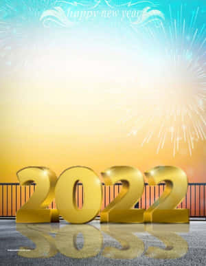 帶有煙花和happy new year文字的金色2022數字。