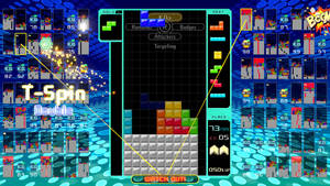俄羅斯方塊遊戲畫面，T-Spin Double動作以發光藍色像素突出顯示。
