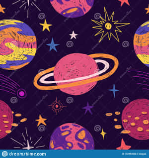 色彩繽紛的手繪行星和星星，構成宇宙無縫圖案。