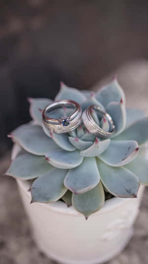 兩枚結婚戒指放在白色花盆中的多肉植物上。