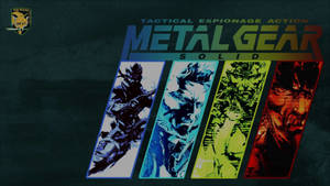 Metal Gear Solid 遊戲標誌，四個插圖士兵在彩色面板中。