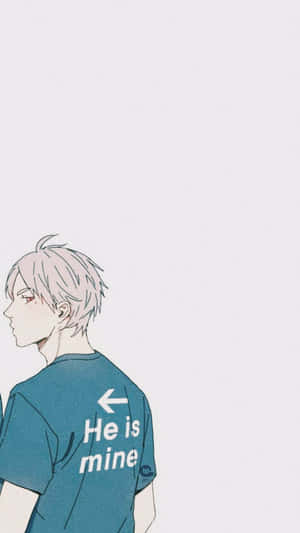 動畫男孩穿著青綠色襯衫，上面有文字「He is mine」和向左的箭頭。 — 排球少年 GIF 壁紙