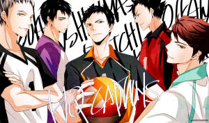五名身穿隊服的動漫男性排球運動員手持一個帶有風格化文字的球。 — 排球少年 GIF 壁紙