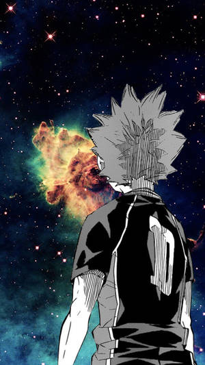 動漫角色穿著黑色球衣在繁星點點的夜空中觀看彩色星雲