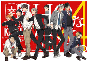 九個穿著校服的動漫男孩在帶有日語文字的紅色背景前充滿活力地擺姿勢。