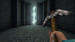 玩家在Minecraft地牢中手持鎬，面對發光的鑽石礦脈。
