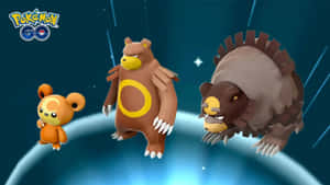 三隻卡通熊Pokémon喺Pokémon GO嘅星空藍色太空場景中漂浮。