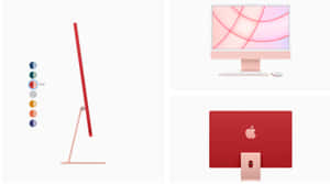 粉紅色 Apple iMac 電腦連鍵盤和滑鼠，從多個角度展示。