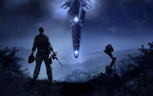 士兵和機械人在夜晚觀看小鎮上空的外星飛船