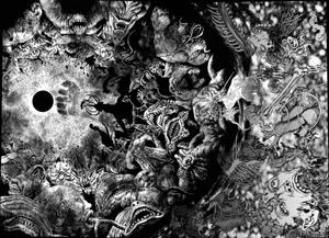 一幅密集的插圖，描繪了怪物面孔和肢體圍繞著黑暗虛空旋轉。