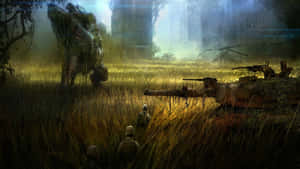 士兵們在霧氣瀰漫的戰場上，穿過被毀坦克附近高高的草叢。