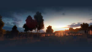 日落時分長草中的廢棄巴士，戲劇性的天空和樹木 — Dayz GIF 壁紙