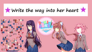 三個穿著校服的動漫女孩，帶有「Doki Doki Literature Club!」標誌和QR碼。