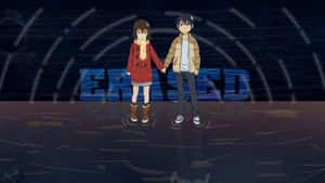 兩個動漫角色在雨中牽手，背後有「ERASED」標題。