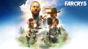 Far Cry 5 遊戲封面，森林河流場景中出現多個角色。 — 寒冷 壁紙