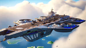 未來飛行航空母艦懸浮在雲朵和島嶼之上。