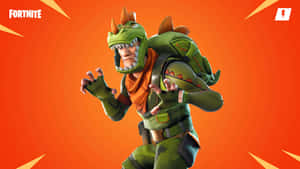 穿著綠色恐龍裝備的Fortnite角色在橙色背景上擺姿勢。