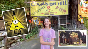 女孩在Confusion Hill Mystery Fun標誌前微笑，帶有卡通疊加圖層。