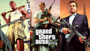 三個GTA V角色在夕陽城市場景中手持武器。