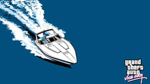 快艇在藍色水面上奔馳，帶有Grand Theft Auto Vice City標誌