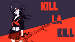 穿著校服的動漫女孩手持帶有「KILL LA KILL」文字的巨劍。