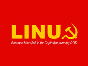 紅色背景，黃色文字顯示LINU和錘子鐮刀，關於Microsoft和DOS的標語。