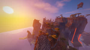日落時分的方塊狀 Minecraft 懸崖，浮空島和發光熔岩。
