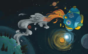 一艘卡通太空船在土星和發光星雲附近飛越太空。