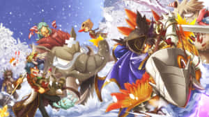 動漫角色在雪地戰鬥場景中與魔法效果戰鬥。