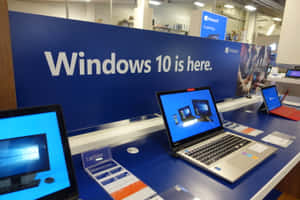 藍色展示架上的筆記型電腦，背景有Windows 10宣傳標誌。
