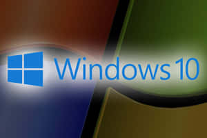 Windows 10 標誌，帶有藍色方形圖標和文字，位於彩色彎曲面板上。