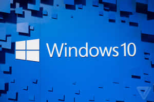 Windows 10標誌在藍色牆壁上，帶有漂浮的幾何形狀。