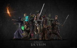 一群 Skyrim 奇幻戰士和法師，手持武器和魔法。
